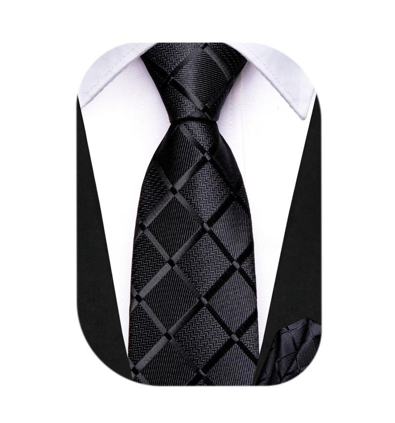 Dubulle Black Plaids Checsk Ties for Boys Self Tie Silk Kids Necktie Pocket Square Set for Age 8-11 Graduation School Uniform - Image 1