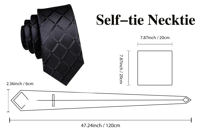 Dubulle Black Plaids Checsk Ties for Boys Self Tie Silk Kids Necktie Pocket Square Set for Age 8-11 Graduation School Uniform - Image 3
