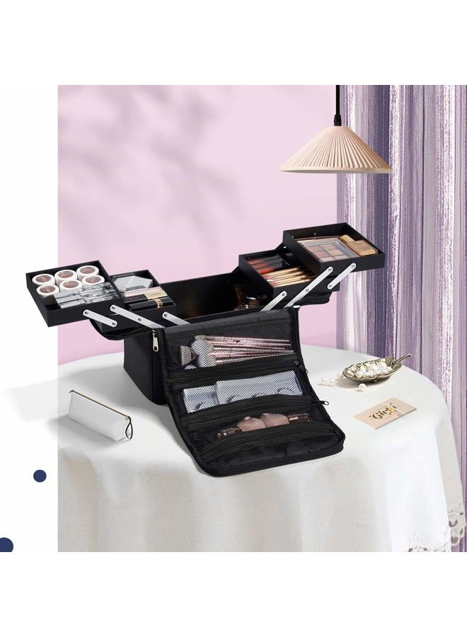 Soft Makeup Box, Large Makeup Organizer Case, Professional Nail Train Bag Carrying Case Artist Travel Cosmetic Storage Handbag, with 4 Trays for Jewelry Make-Up Brushes Toiletry