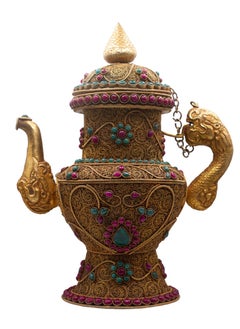 Alpine Crystals UAE Antique Handcrafted Filigree Golden Plated Teapot with Crystal Quartz, Rubies and Emeralds Gemstones Handicraft in Nepal  - Image 1