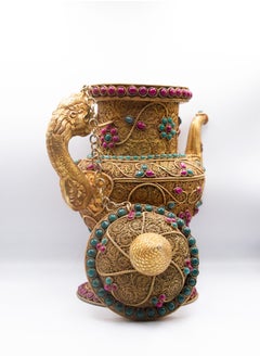 Alpine Crystals UAE Antique Handcrafted Filigree Golden Plated Teapot with Crystal Quartz, Rubies and Emeralds Gemstones Handicraft in Nepal  - Image 2