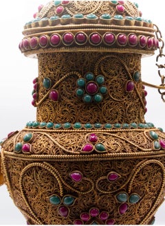 Alpine Crystals UAE Antique Handcrafted Filigree Golden Plated Teapot with Crystal Quartz, Rubies and Emeralds Gemstones Handicraft in Nepal  - Image 3