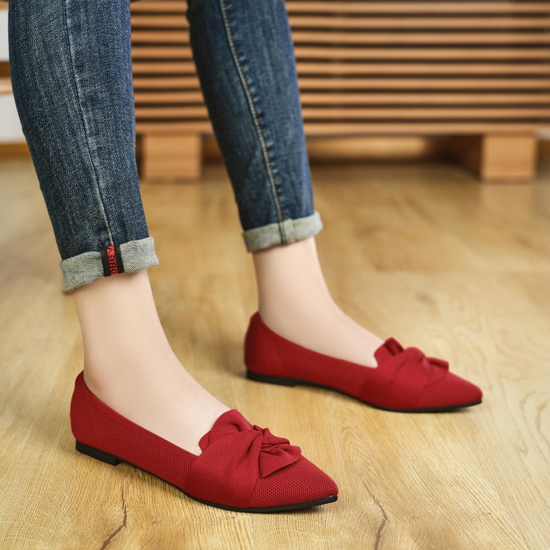 HIULYCENCE Women's Pointed Toe Ballet Flats with Bow, Breathable Comfortable Knit Dressy & Casual Flats, Red, US9 - Image 2