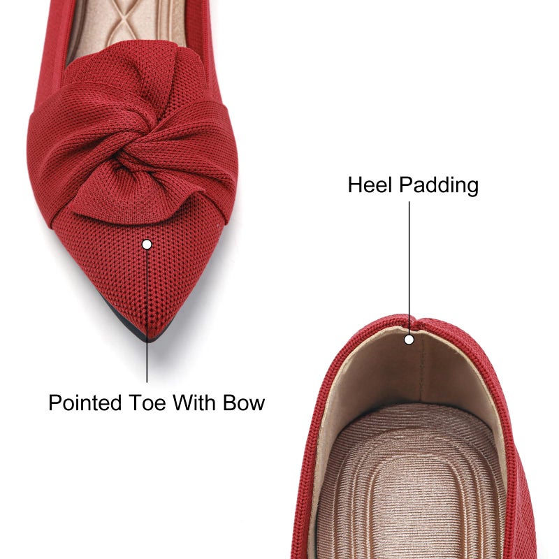 HIULYCENCE Women's Pointed Toe Ballet Flats with Bow, Breathable Comfortable Knit Dressy & Casual Flats, Red, US9 - Image 4