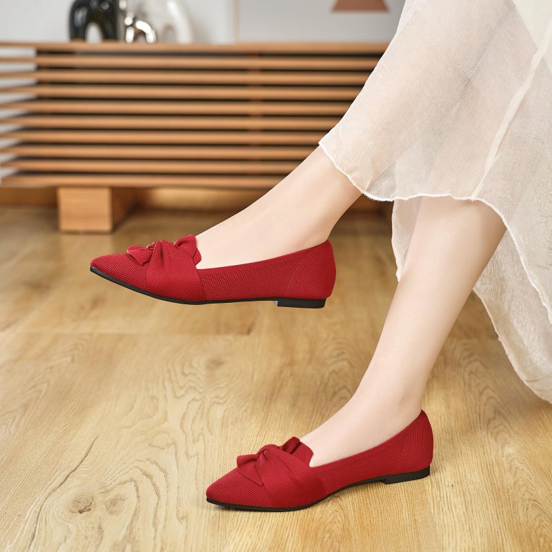 HIULYCENCE Women's Pointed Toe Ballet Flats with Bow, Breathable Comfortable Knit Dressy & Casual Flats, Red, US9 - Image 3