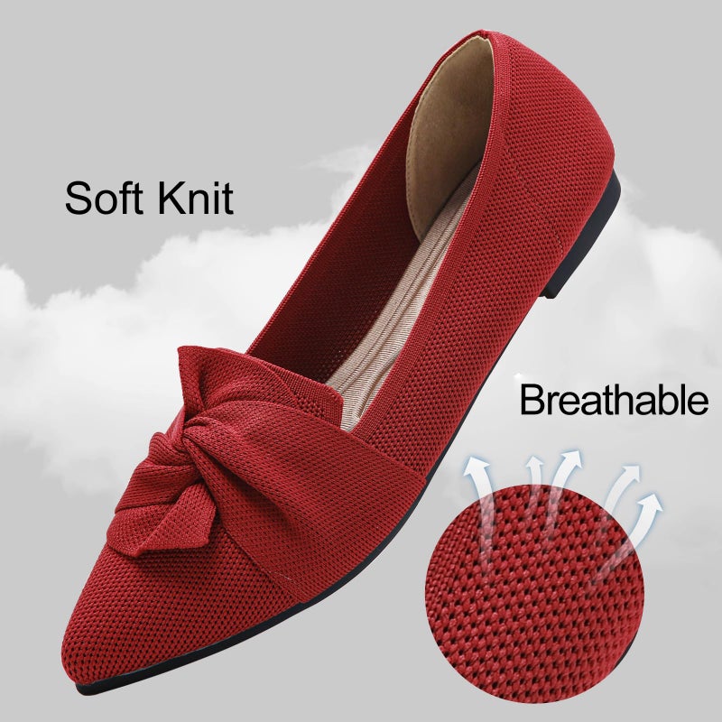 HIULYCENCE Women's Pointed Toe Ballet Flats with Bow, Breathable Comfortable Knit Dressy & Casual Flats, Red, US9 - Image 5