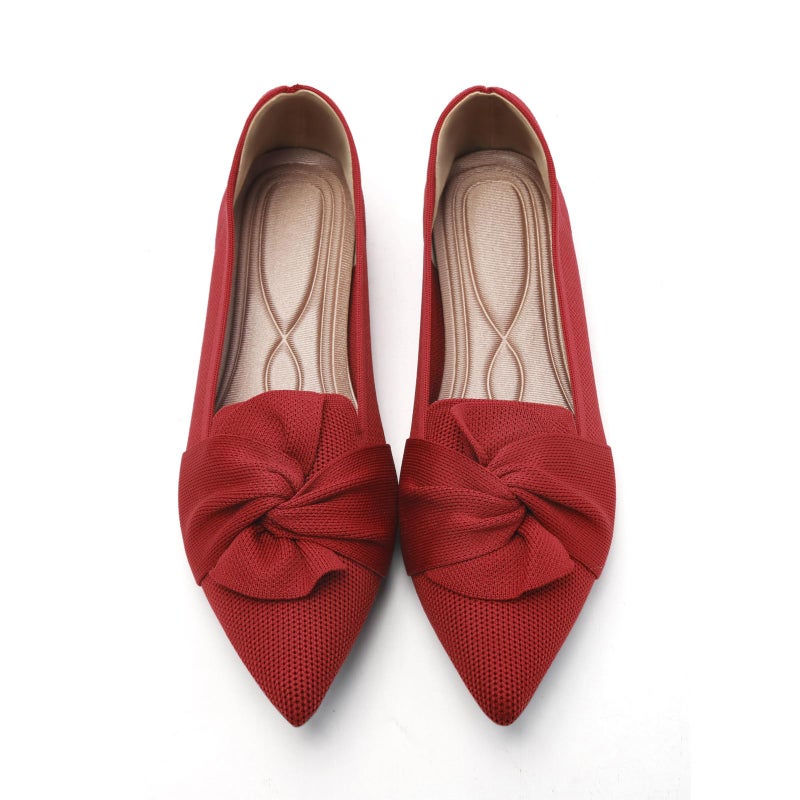 HIULYCENCE Women's Pointed Toe Ballet Flats with Bow, Breathable Comfortable Knit Dressy & Casual Flats, Red, US9 - Image 1