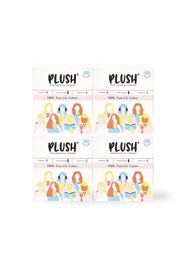 Plush Sanitary Pads For Women (16 Pads) (Pack Of 4) 100% Pure U.S. Cotton Senitary Napkins |8 Light & (L) 6 Heavy Flow (Xl) & 2 Panty Liners | Ultra-Thin & Rash Free | Vegan For Normal-Sensitive Skin  - Image 1