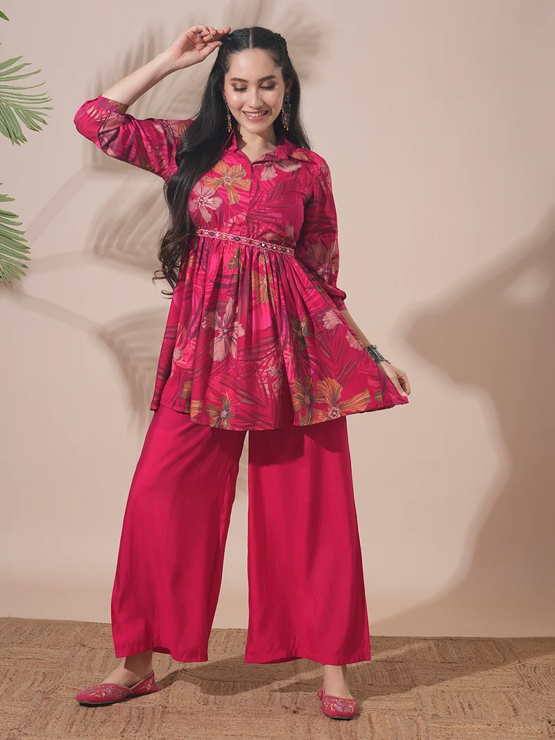 globus Women Tropical Print Peplum Tunic With Palazzos & Embroidered Belt Fusion Co-Ord Set