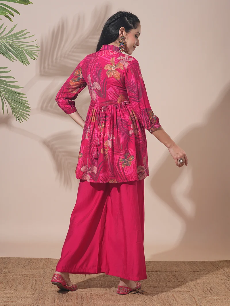 globus Women Tropical Print Peplum Tunic With Palazzos & Embroidered Belt Fusion Co-Ord Set