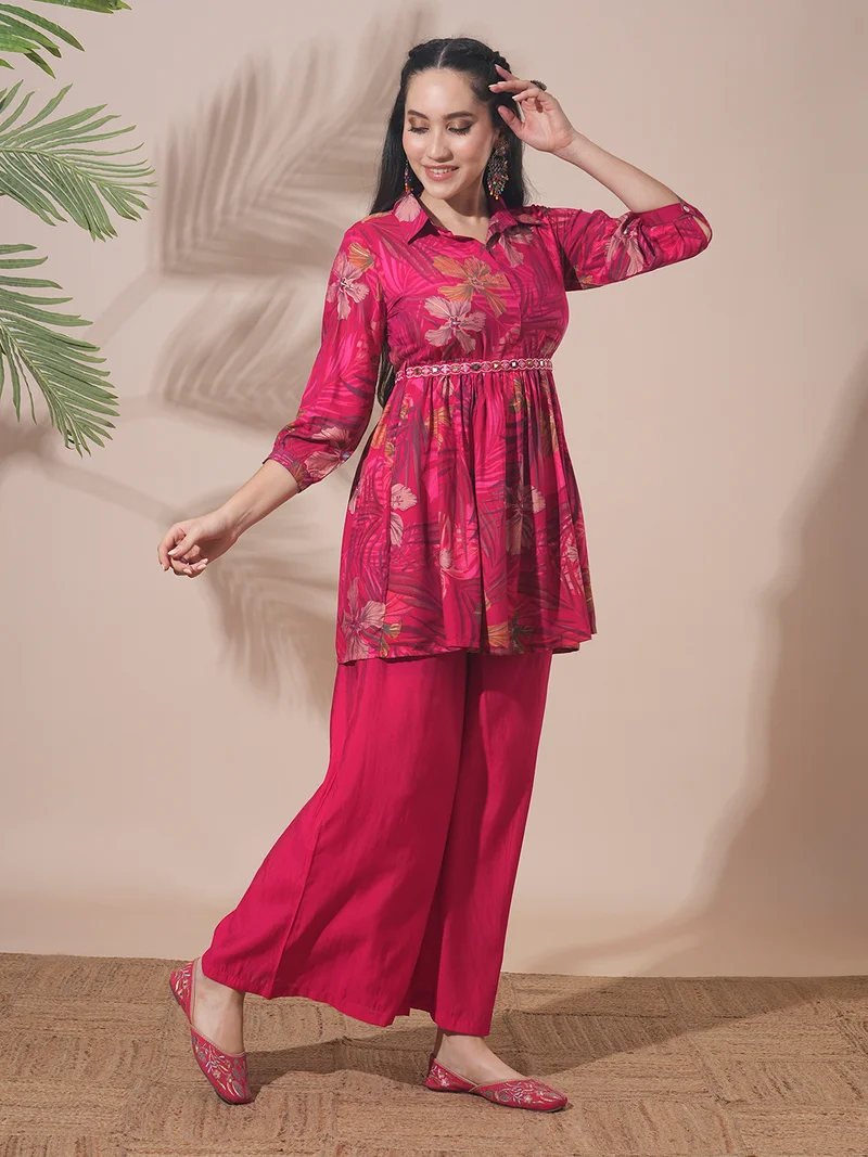 globus Women Tropical Print Peplum Tunic With Palazzos & Embroidered Belt Fusion Co-Ord Set