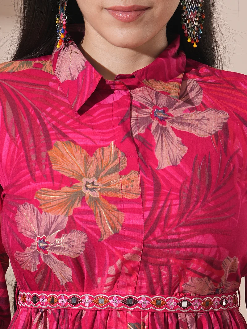 globus Women Tropical Print Peplum Tunic With Palazzos & Embroidered Belt Fusion Co-Ord Set