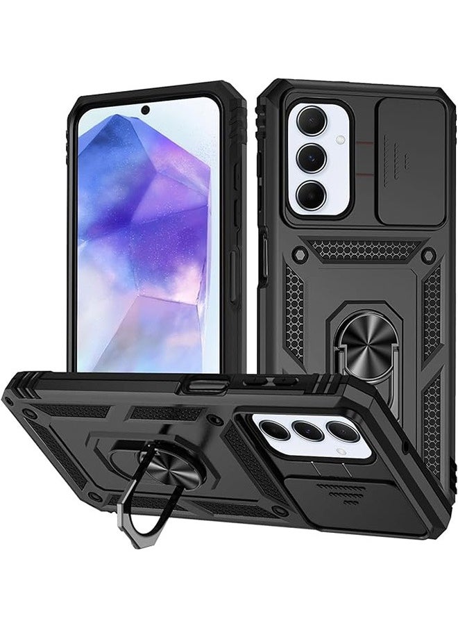 Generic Samsung A55 5G Case ,Shockproof Cases ,Anti-Fall Drop Protection ,Built-in Slide Anti-Scratch Camera Lens Cover,Integrated 360 Degree Rotating Ring Kickstand, Black  - Image 1