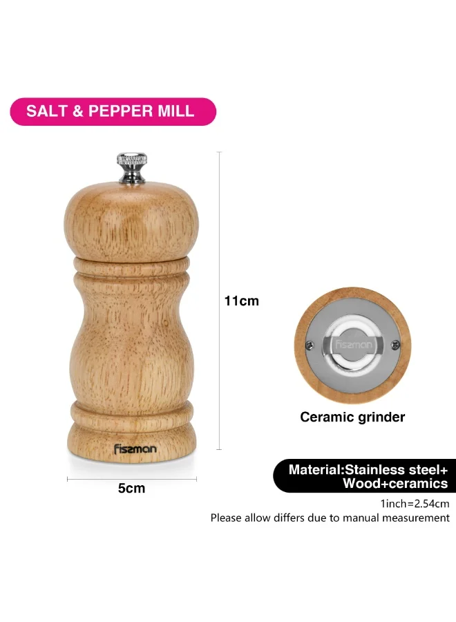 Fissman 11cm Manual Salt and Pepper Grinder 11cm, Light Brown Ceramic Mill, Adjustable Spice Grinder for Peppercorns, Salt, and Dry Spices, Easy Refill Kitchen Mill  | Best Price UAE
