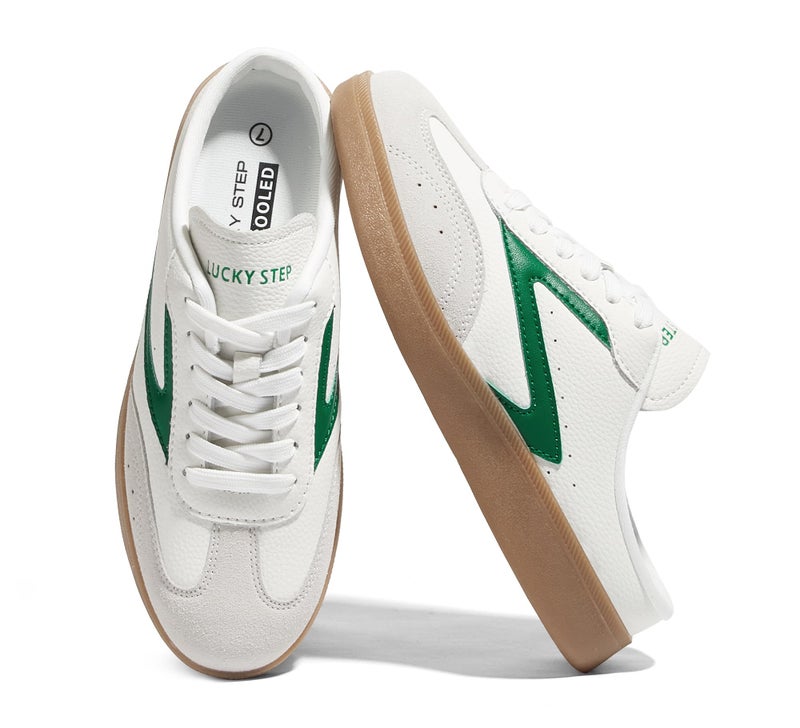 LUCKY STEP Womenâ€™s Slip On Mules Sneakers Fashion Backless Walking Shoes Non Slip Retro Casual Open Back Shoe(9 M US White/Green) - Image 1