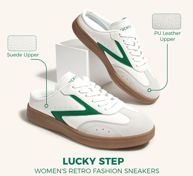 LUCKY STEP Womenâ€™s Slip On Mules Sneakers Fashion Backless Walking Shoes Non Slip Retro Casual Open Back Shoe(9 M US White/Green) - Image 5