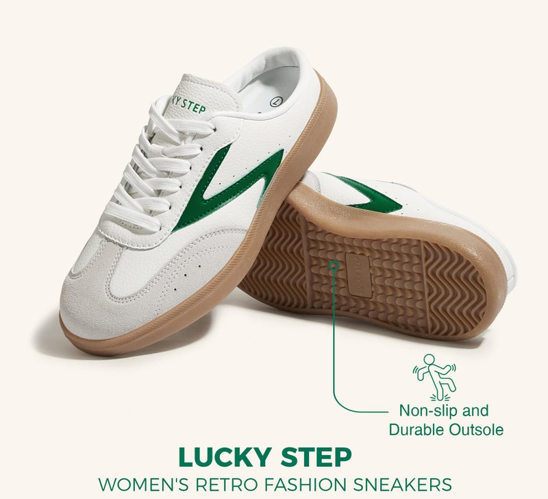 LUCKY STEP Womenâ€™s Slip On Mules Sneakers Fashion Backless Walking Shoes Non Slip Retro Casual Open Back Shoe(9 M US White/Green) - Image 4