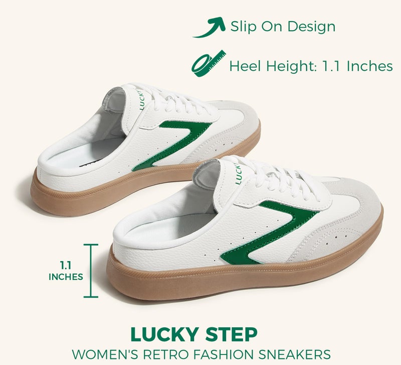 LUCKY STEP Womenâ€™s Slip On Mules Sneakers Fashion Backless Walking Shoes Non Slip Retro Casual Open Back Shoe(9 M US White/Green) - Image 3