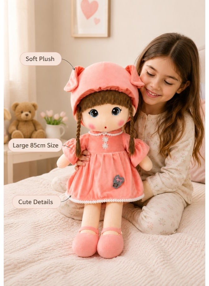 DAT Soft Plush Bunny Ear Girl Doll with Dress & Braids – Red, Pink, Purple - Image 4