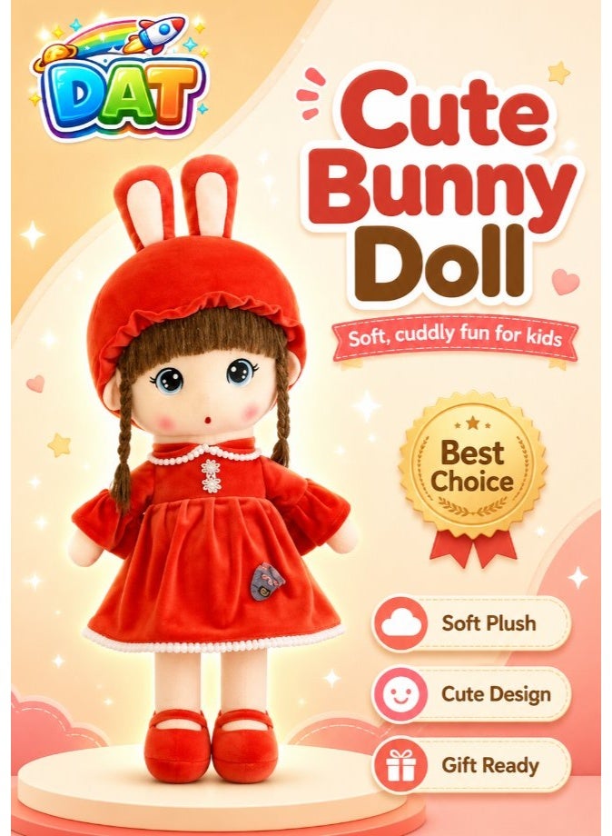 DAT Soft Plush Bunny Ear Girl Doll with Dress & Braids – Red, Pink, Purple - Image 1