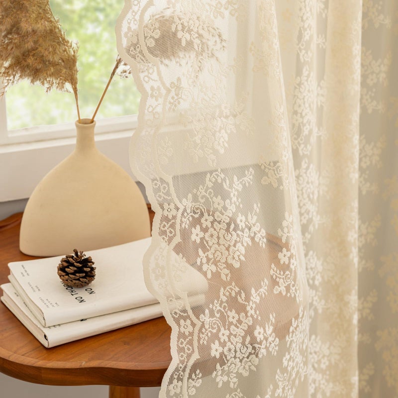 YJ YANJUN Beige Lace Sheer Curtains 96 inches Long 2 Panels Vintage Floral Curtains for Living Room Office Bedroom Light Filtering Embroidered Window Treatment Spring Summer Decor 8 FT 52Wx96L - Image 1