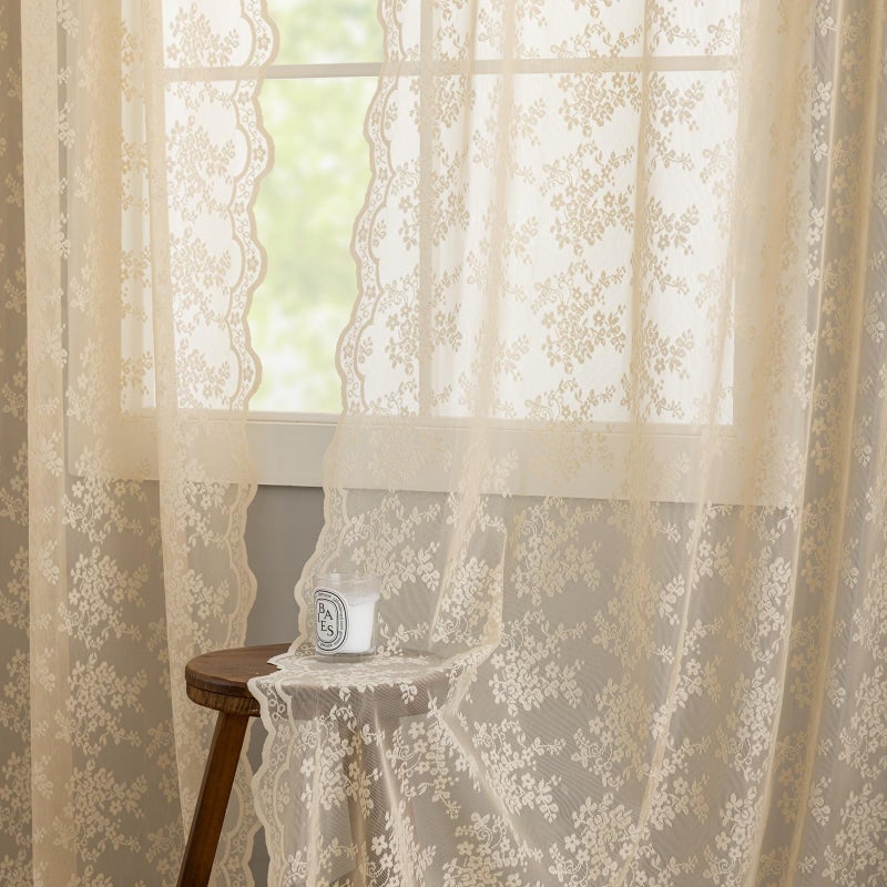 YJ YANJUN Beige Lace Sheer Curtains 96 inches Long 2 Panels Vintage Floral Curtains for Living Room Office Bedroom Light Filtering Embroidered Window Treatment Spring Summer Decor 8 FT 52Wx96L - Image 5