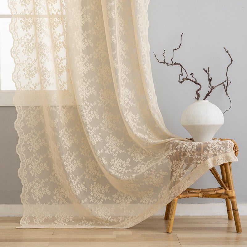 YJ YANJUN Beige Lace Sheer Curtains 96 inches Long 2 Panels Vintage Floral Curtains for Living Room Office Bedroom Light Filtering Embroidered Window Treatment Spring Summer Decor 8 FT 52Wx96L - Image 4
