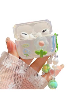 Cute Airpod Pro 2 / Airpod Pro Case 3D Flower with Keychain Clear Hard TPU Protective Cover Compatible with AirPods Pro 2nd/1st Generation Case for Girls Women, Floral Green