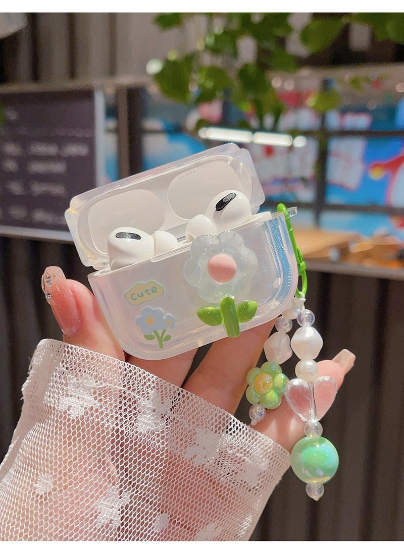 Excefore - Cute Airpod Pro 2 / Airpod Pro Case 3D Flower with Keychain Clear Hard TPU Protective Cover Compatible with AirPods Pro 2nd/1st Generation Case for Girls Women, Floral Green - Image 1