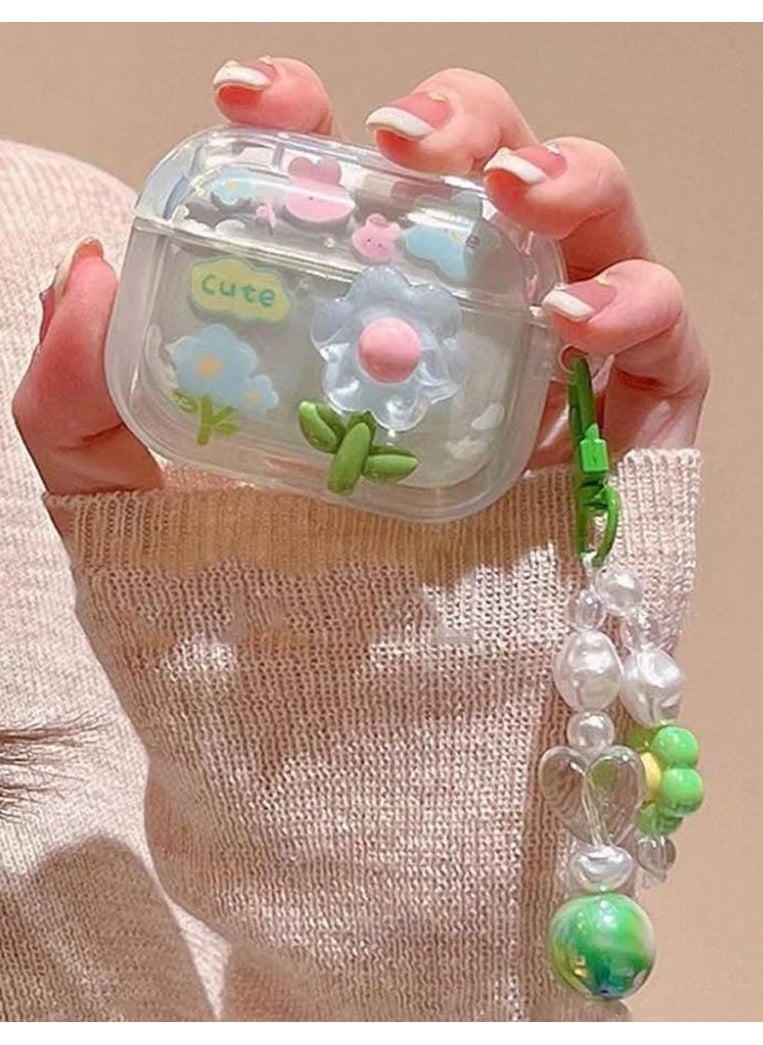 Excefore - Cute Airpod Pro 2 / Airpod Pro Case 3D Flower with Keychain Clear Hard TPU Protective Cover Compatible with AirPods Pro 2nd/1st Generation Case for Girls Women, Floral Green - Image 1