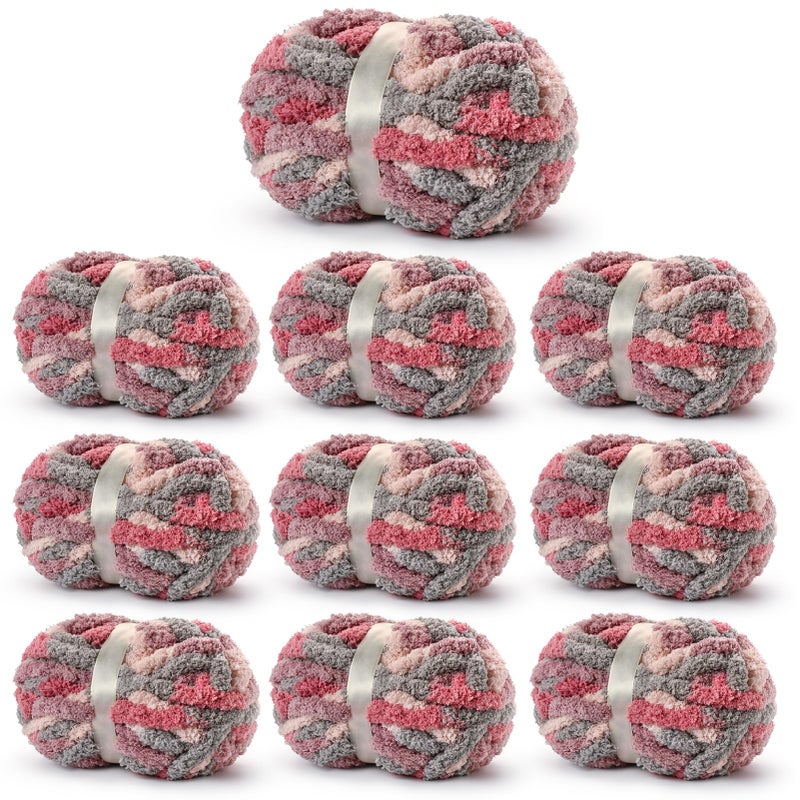 Sekafris 10 Pack Fluffy Chunky Chenille Yarn for Crocheting, Jumbo Chunky Blanket Yarn for Hand Knitting, 240yds/70.5oz Super Bulky Variegated Baby Blanket Yarn(Grey-Pink-Purple) - Image 1