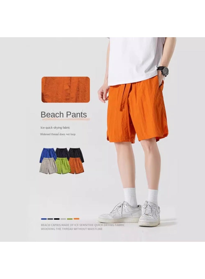 Izexx Summer Ice Silk Quick-drying Shorts Men's American Casual Loose Beach Pants Sports Preppy Style Five-quarter Pants - Image 2