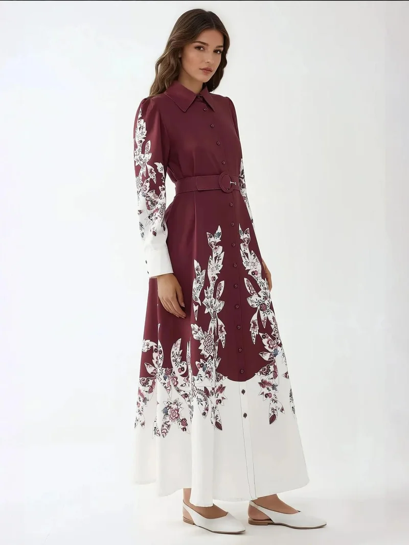 HICCUP Burgundy Red Printed Long Sleeve Maxi Dress with Belt for Women | Best Price UAE