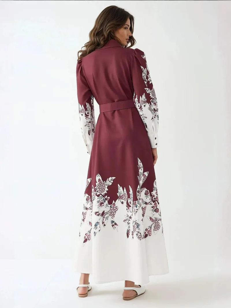 HICCUP Burgundy Red Printed Long Sleeve Maxi Dress with Belt for Women | Best Price UAE
