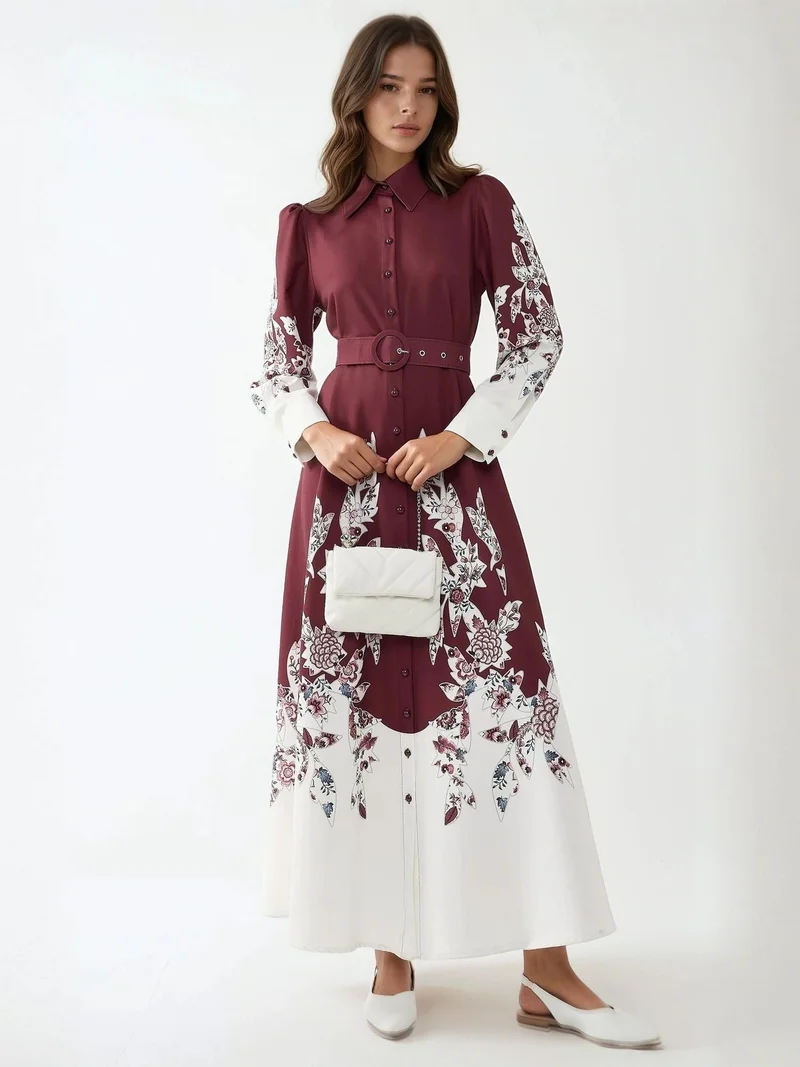 HICCUP Printed Long Sleeve Maxi Dress with Belt