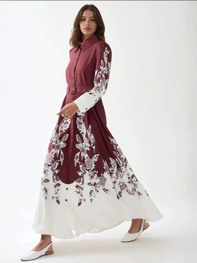 HICCUP Burgundy Red Printed Long Sleeve Maxi Dress with Belt for Women | Best Price UAE