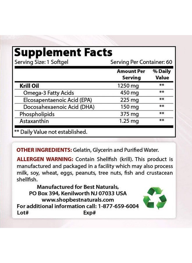 Best Naturals Best Naturals Pure Antarctic Krill Oil 1250 mg (Triple Strength) with Omega-3s EPA, DHA and Astaxanthin 60 Softgels  - Image 2