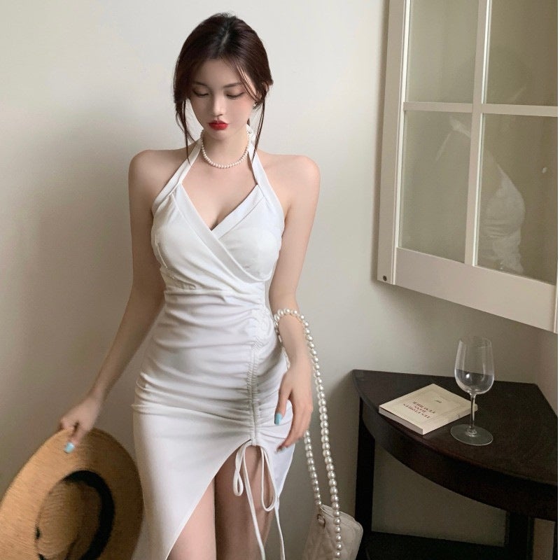 White Halter Neck Sleeveless Bodycon Dress with Waist Cinching and Side Slit for Women 2026 Summer - Image 2