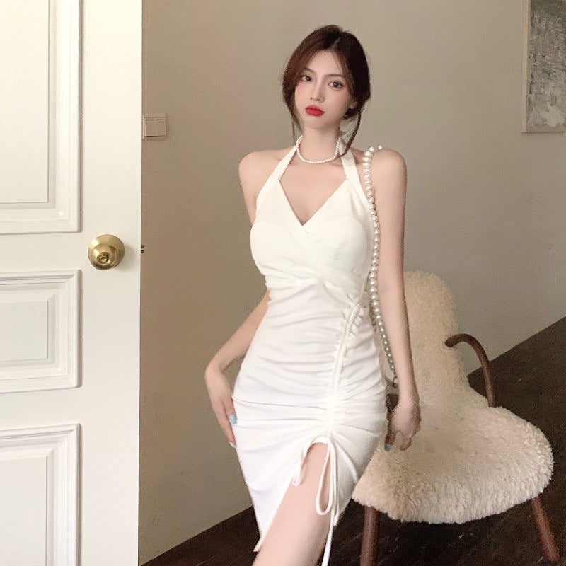 White Halter Neck Sleeveless Bodycon Dress with Waist Cinching and Side Slit for Women 2026 Summer - Image 1