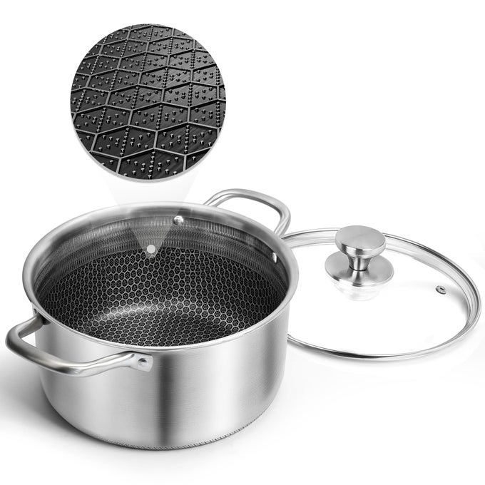 HYBRID NONSTICK 6 QUART STAINLESS STEEL STOCKPOT WITH GLASS LID INDUCTION STOCK POT WITH HONEYCOMB CARVING NONSTICK SOUP POT COMPATIBLE WITH ALL COOKTOPS NONTOXIC DISHWASHER OVEN SAFE