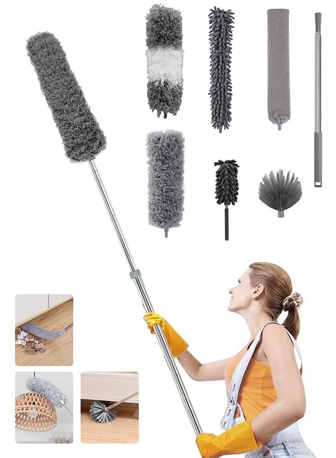 7 PCS Microfiber Dust Brush Duster Kit with Extension Pole Removable and Washable Fiber Brush Hand Dust Cleaning Gap dust for Ceiling Fan High Ceiling Blinds Furniture Cars