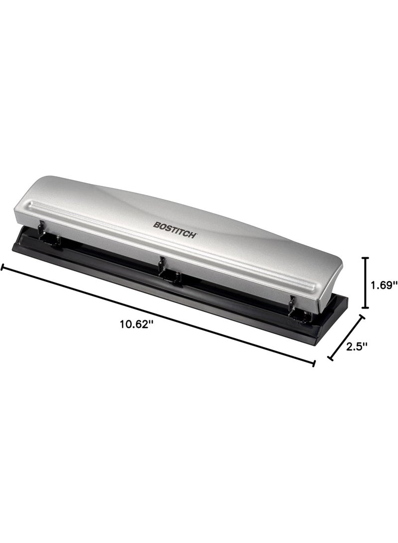 Bostitch Office Premium 3 Hole Punch, 12 Sheet Capacity, Metal, Rubber Base, Easy-Clean Tray, Silver - Image 4