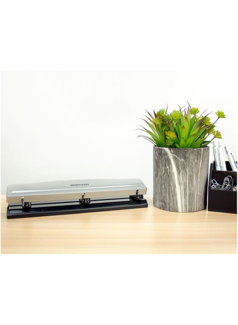 Bostitch Office Premium 3 Hole Punch, 12 Sheet Capacity, Metal, Rubber Base, Easy-Clean Tray, Silver - Image 3