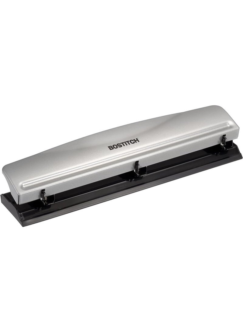 Bostitch Office Premium 3 Hole Punch, 12 Sheet Capacity, Metal, Rubber Base, Easy-Clean Tray, Silver - Image 1