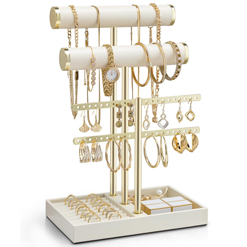 VLANDO 3 Tier Bracelet Holder Display Leather Jewelry Holder Display for Women Detachable Jewelry Stand for Bracelet Necklace Earrings Rings Beige - Image 2