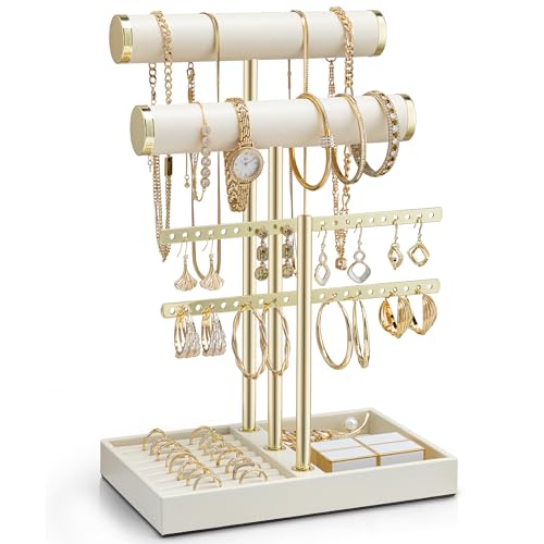 VLANDO 3 Tier Bracelet Holder Display Leather Jewelry Holder Display for Women Detachable Jewelry Stand for Bracelet Necklace Earrings Rings Beige - Image 1