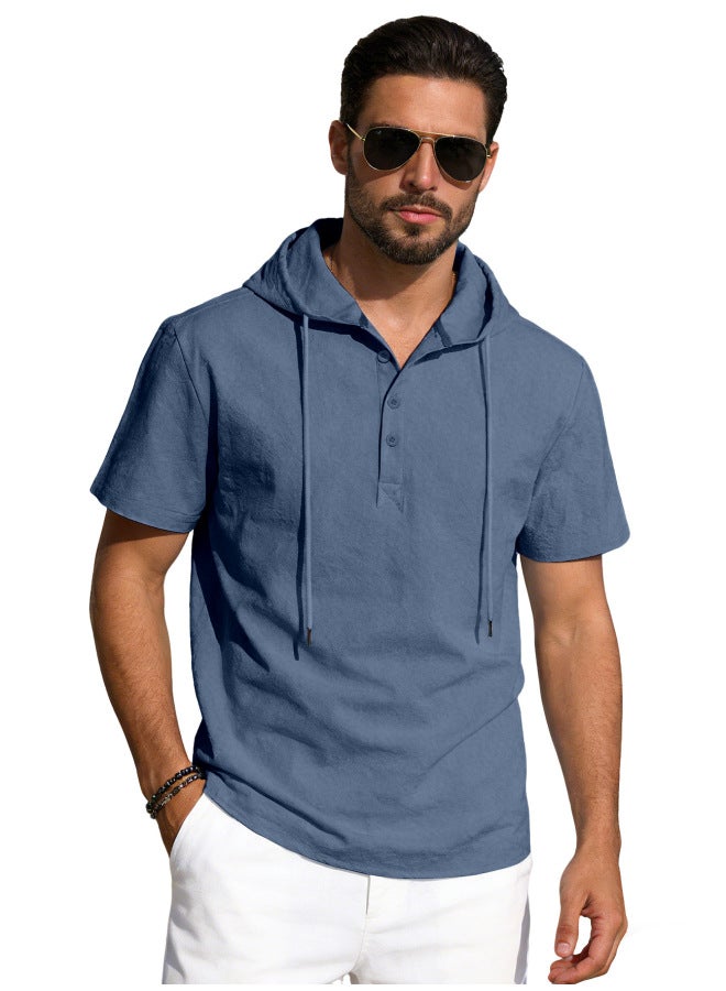 American-style Men's Summer Cotton-linen Short-sleeved Hooded Solid Color Casual Breathable Loose European Size T-shirt Men