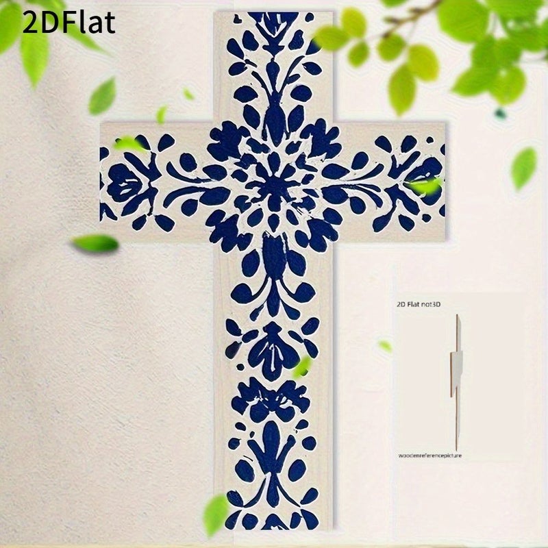 نقش زهور زرقاء كلاسيكية بتصميم مسطح ثنائي الأبعاد، فن زينة معلق على شكل صليب، لغرفة المعيشة المنزلية وغرفة النوم والكنيسة ومقهى، جدارية داخلية للجدران. - Image 2