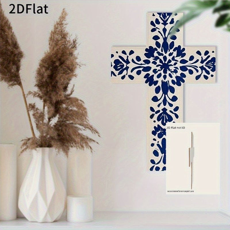 نقش زهور زرقاء كلاسيكية بتصميم مسطح ثنائي الأبعاد، فن زينة معلق على شكل صليب، لغرفة المعيشة المنزلية وغرفة النوم والكنيسة ومقهى، جدارية داخلية للجدران. - Image 4