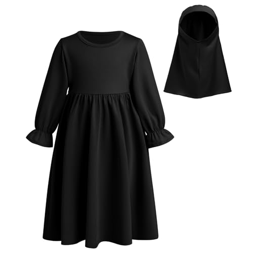 IWEMEK Newborn Infant Muslim Dress for Baby Girls Abaya Prayer Dress with Hijab Toddler Kids Long Sleeve Islamic Kaftan Two Piece Set Middle East Arabian Dubai Outfit 1st Ramadan Eid Clothes Black 0-6 Months - Image 2